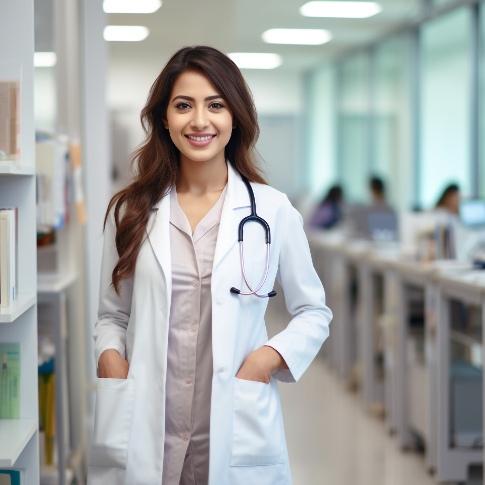 Friendly smiling beautiful indian woman hospital administrator at work on blured background