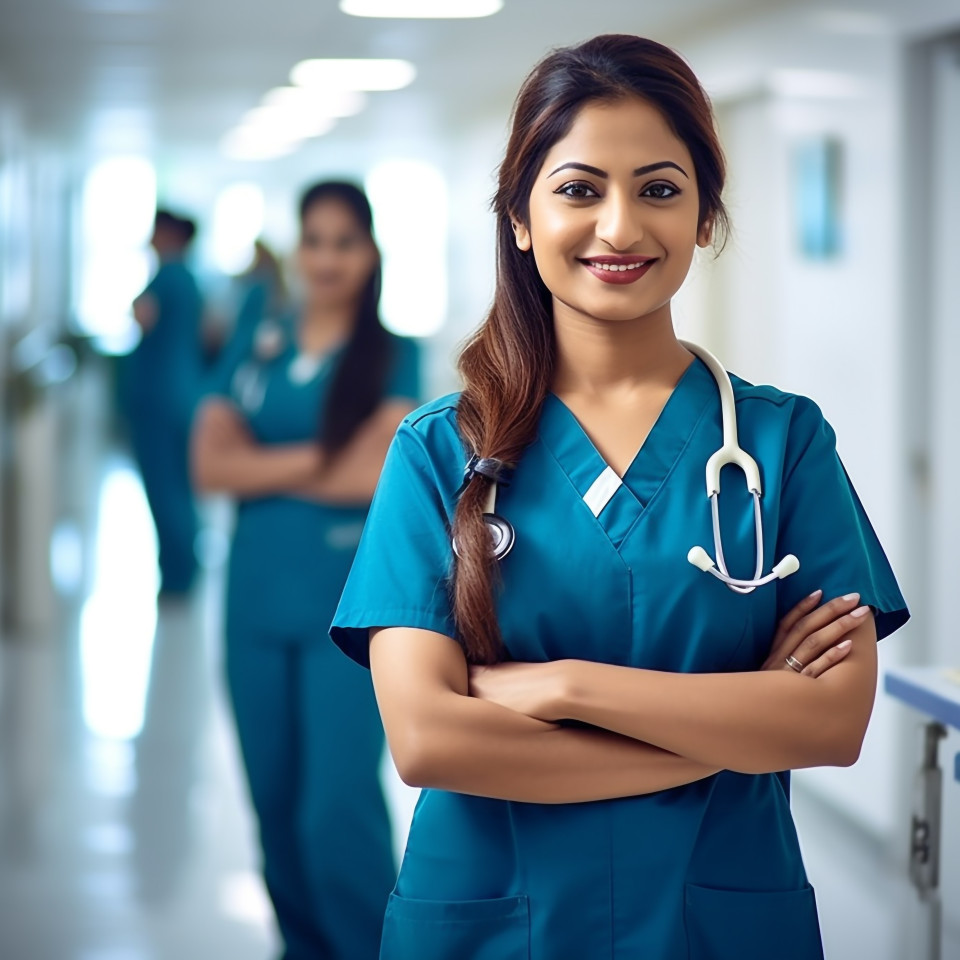 Friendly smiling beautiful indian woman hospital security personnel at work on blured background