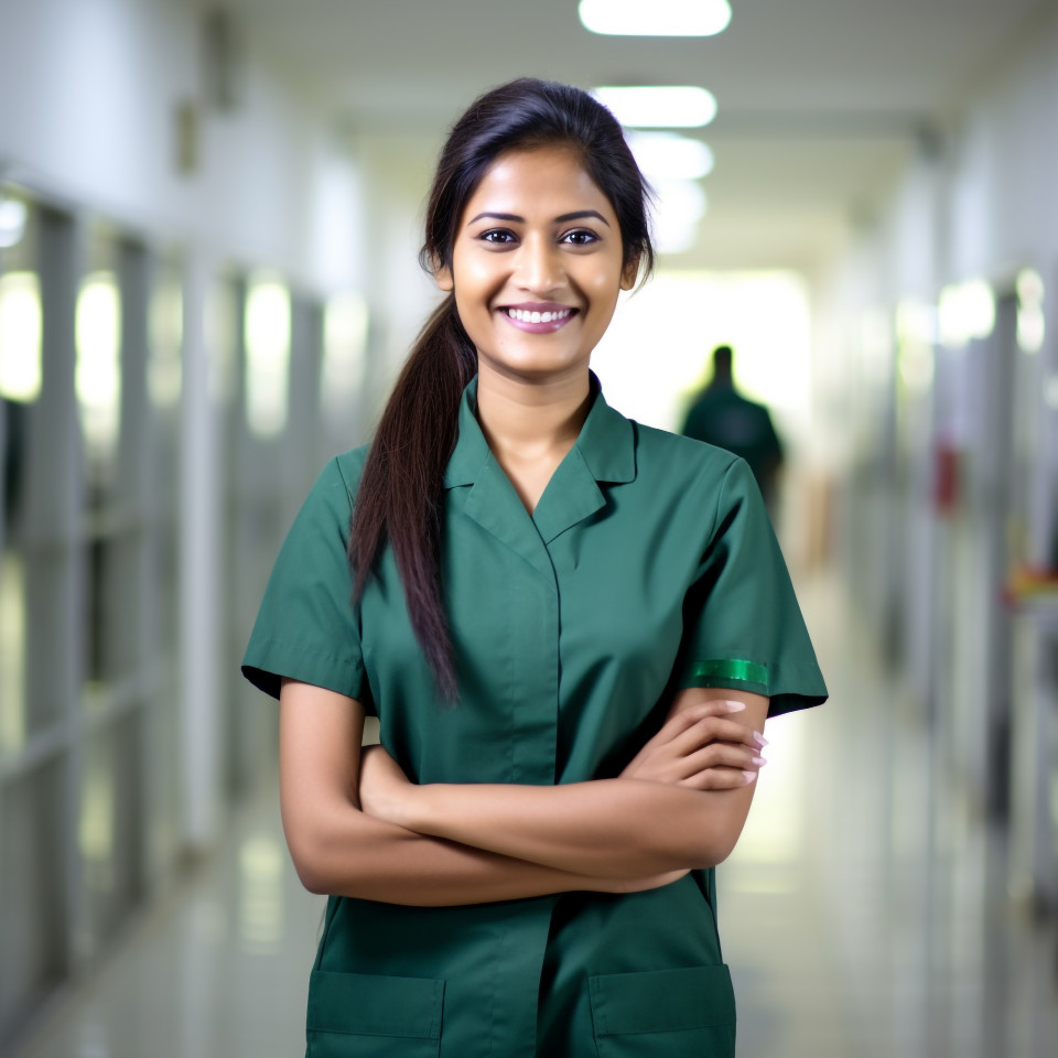 Friendly smiling beautiful indian woman hospital security personnel at work on blured background