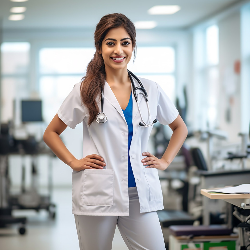 Friendly smiling beautiful indian woman occupational therapist at work on blured background
