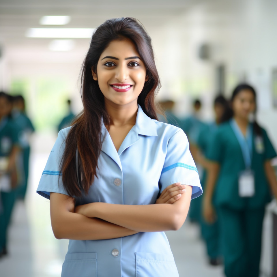 Friendly smiling beautiful indian woman hospital security personnel at work on blured background