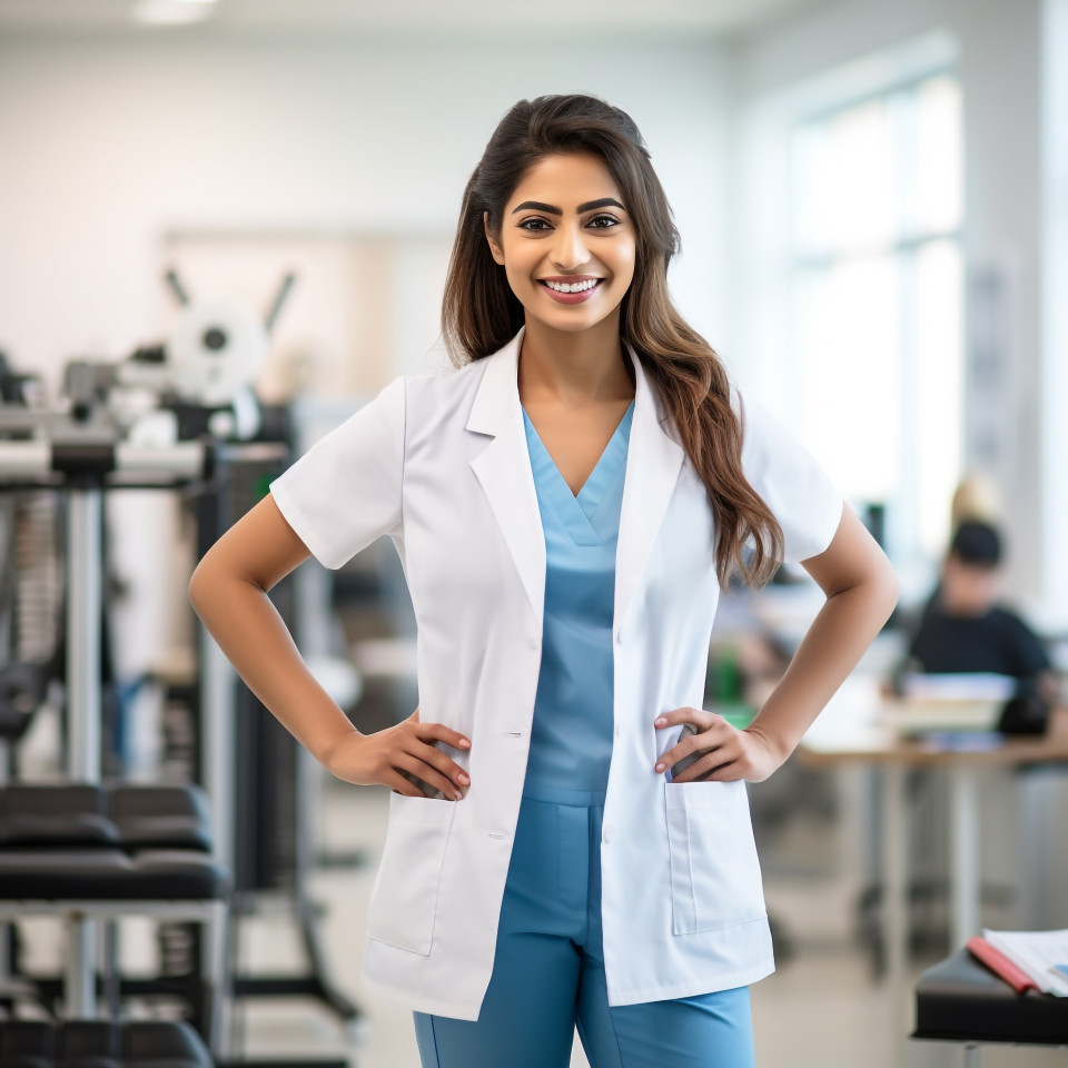 Friendly smiling beautiful indian woman occupational therapist at work on blured background