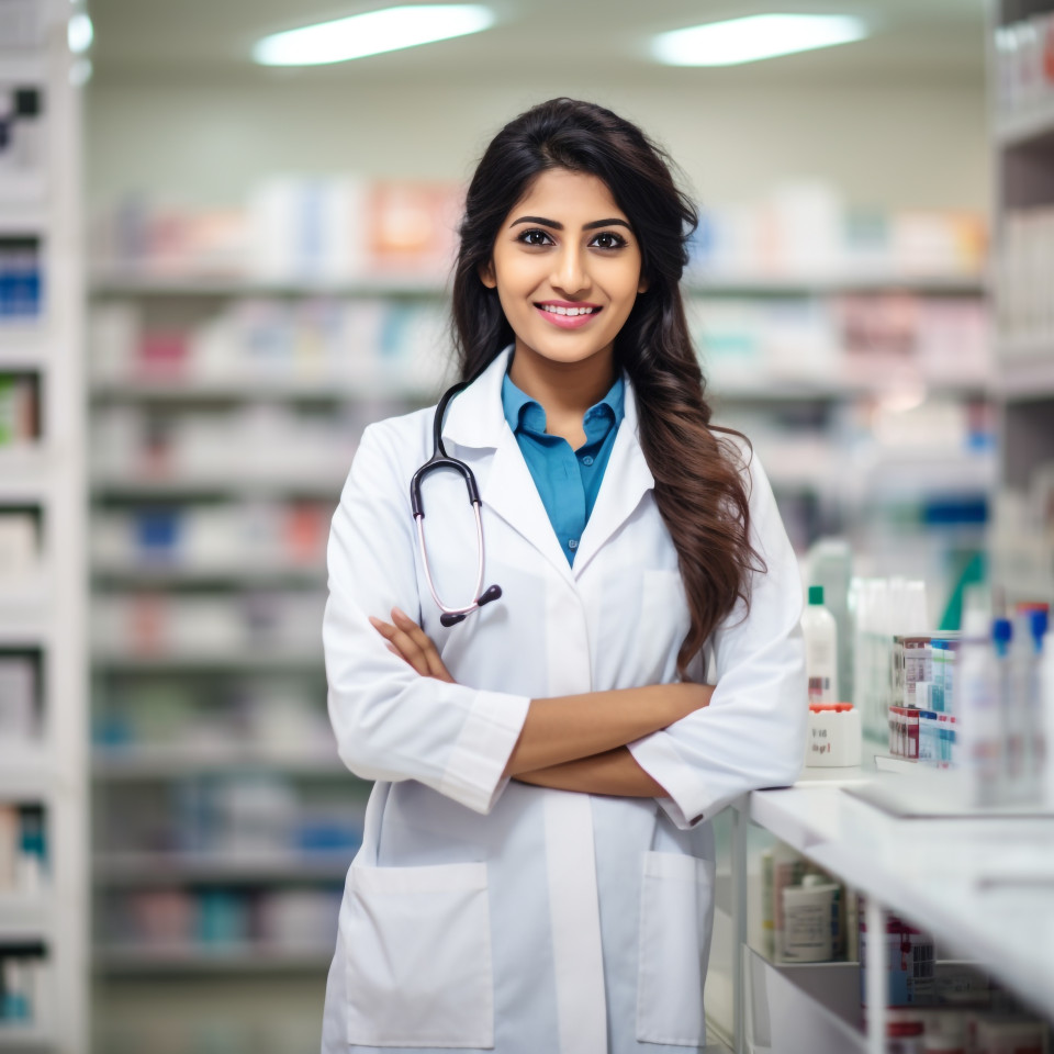 Friendly smiling beautiful indian woman pharmacist at work on blured background