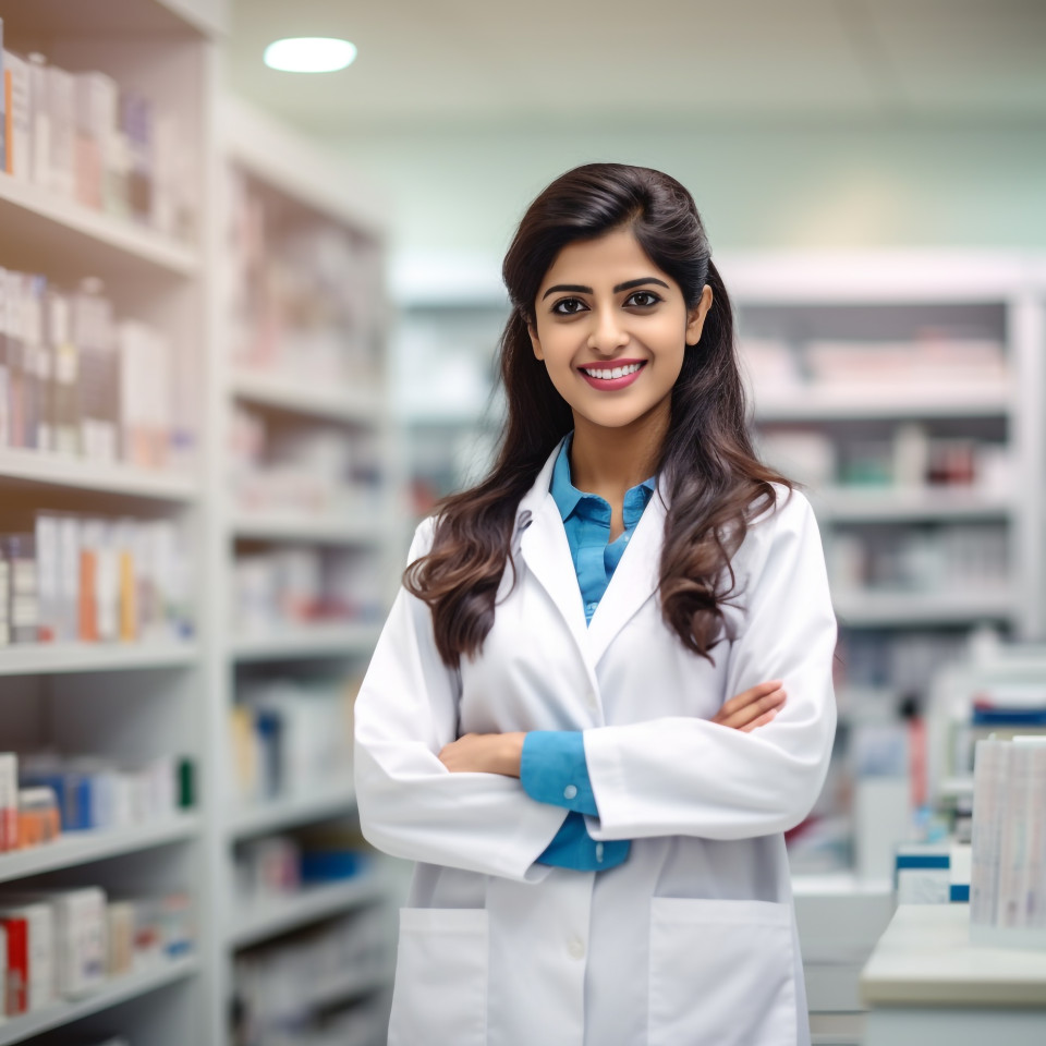 Friendly smiling beautiful indian woman pharmacist at work on blured background
