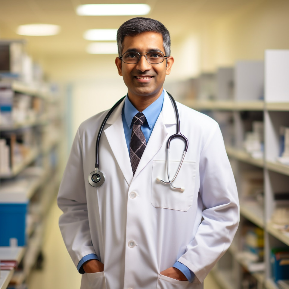 Friendly smiling handsome indian man hospital administrator at work on blured background