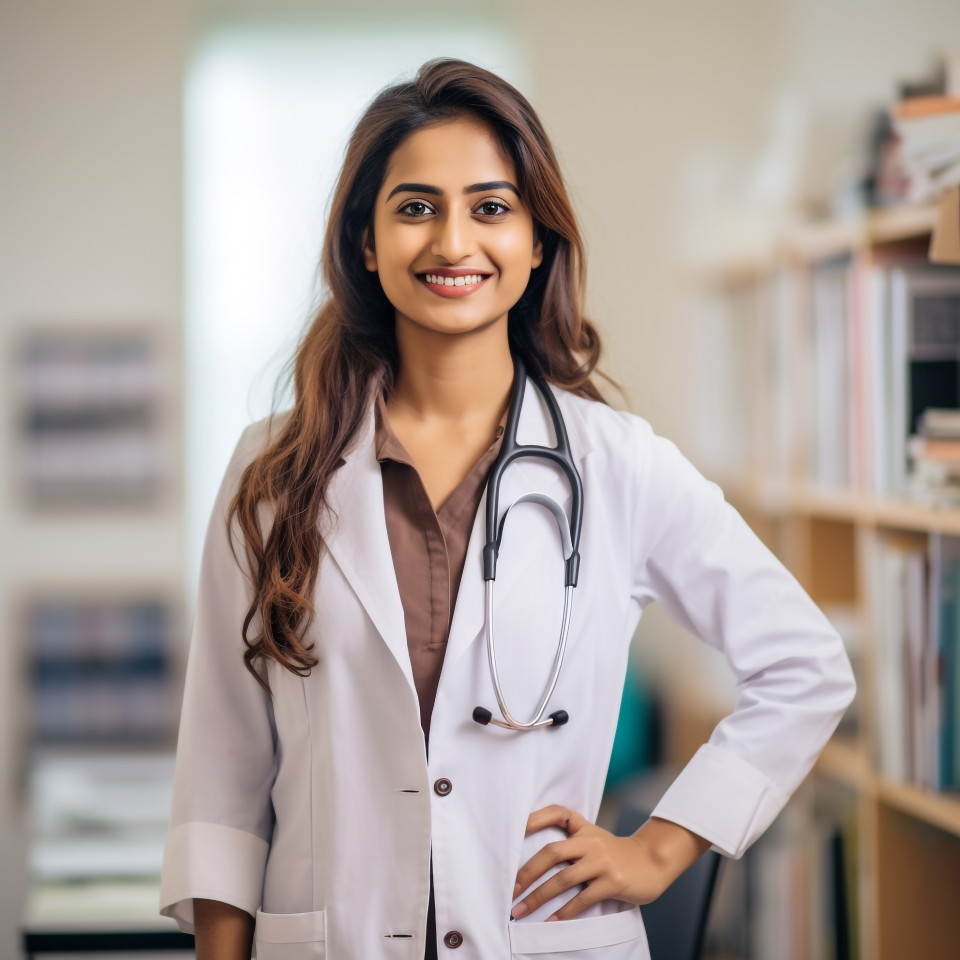 Friendly smiling beautiful indian woman health educator at work on blured background