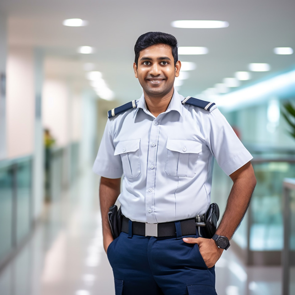 Friendly smiling handsome indian man hospital security personnel at work on blured background
