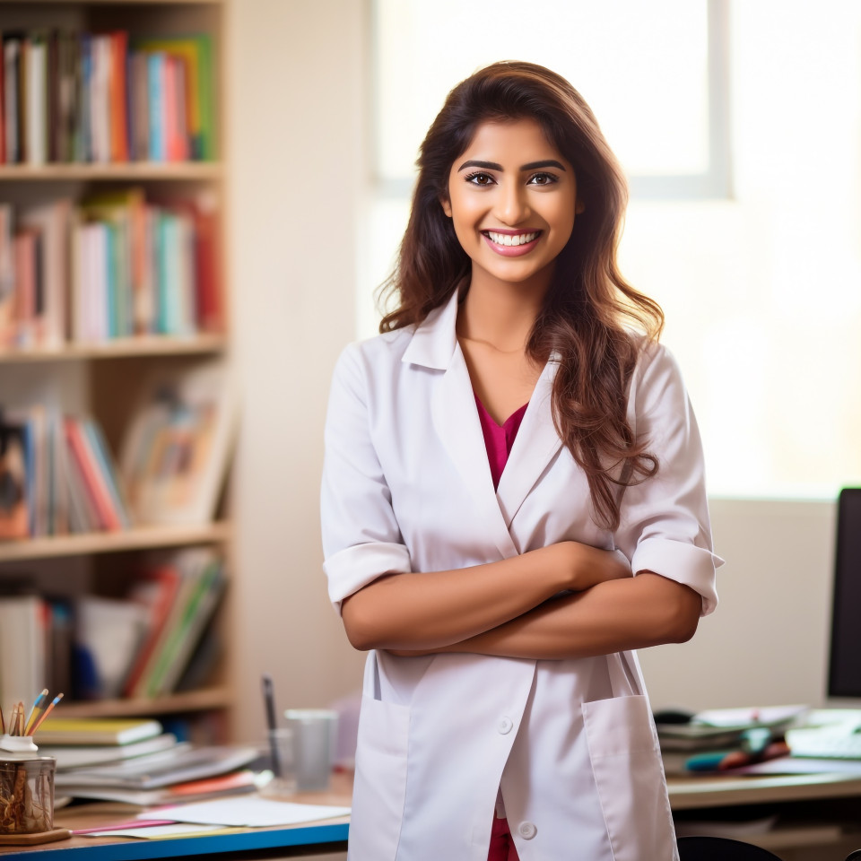 Friendly smiling beautiful indian woman health educator at work on blured background