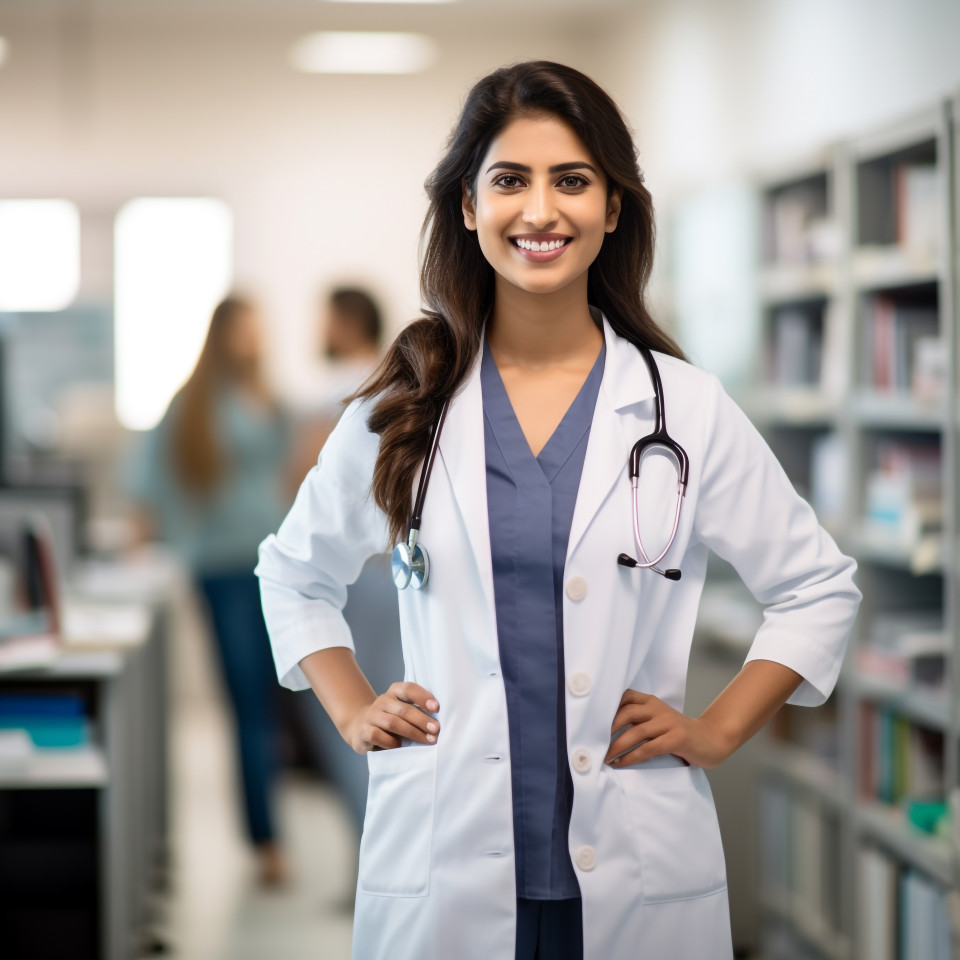 Friendly smiling beautiful indian woman health educator at work on blured background