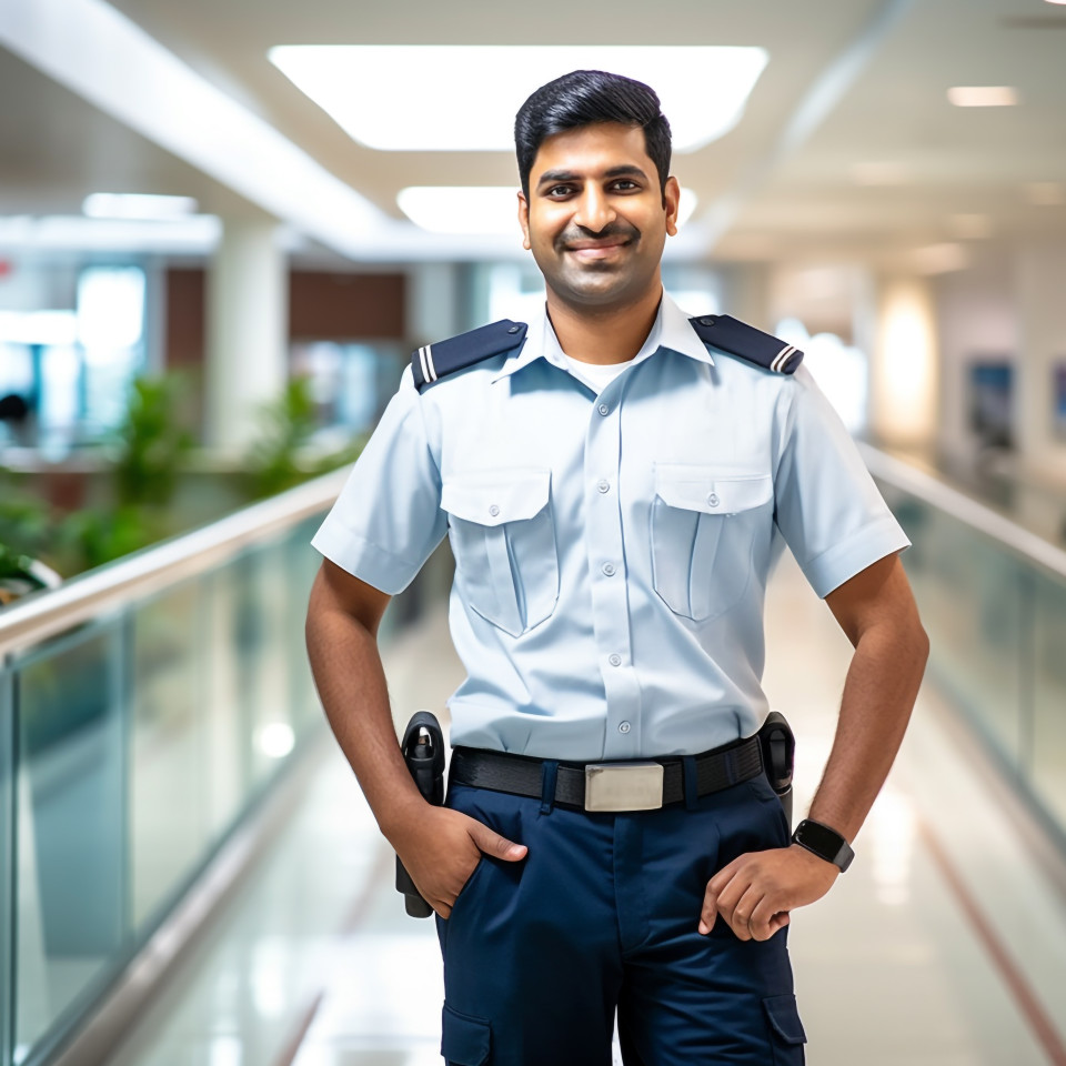 Friendly smiling handsome indian man hospital security personnel at work on blured background