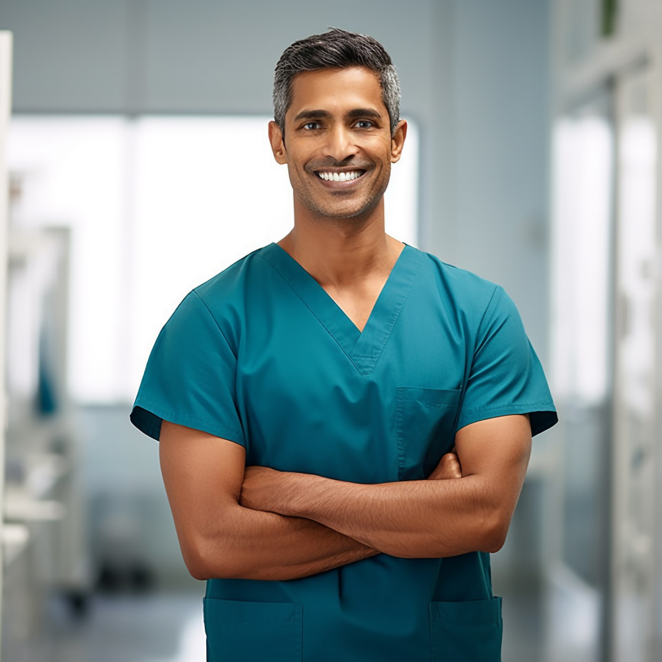 Friendly smiling handsome indian man occupational therapist at work on blured background