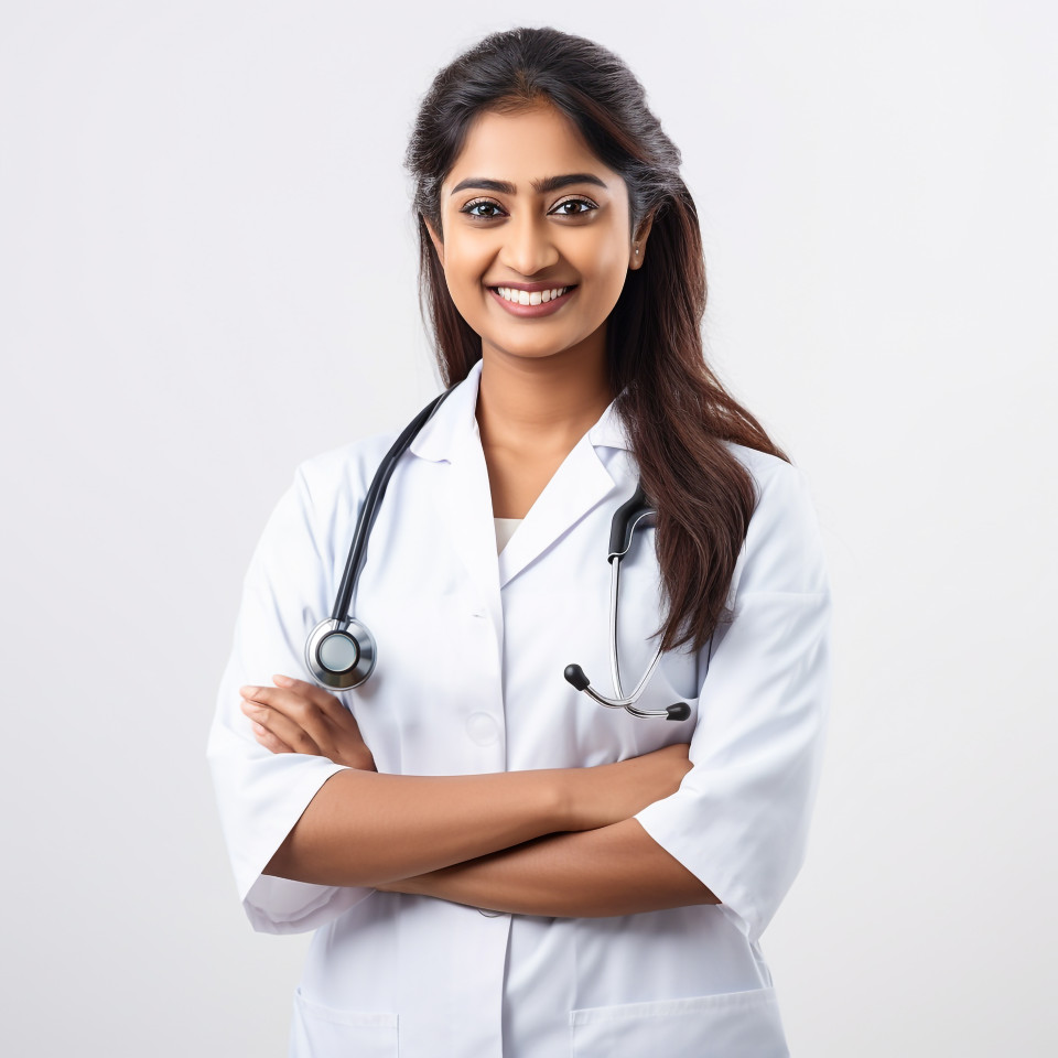Friendly smiling beautiful indian woman home health aide at work on isolated white background