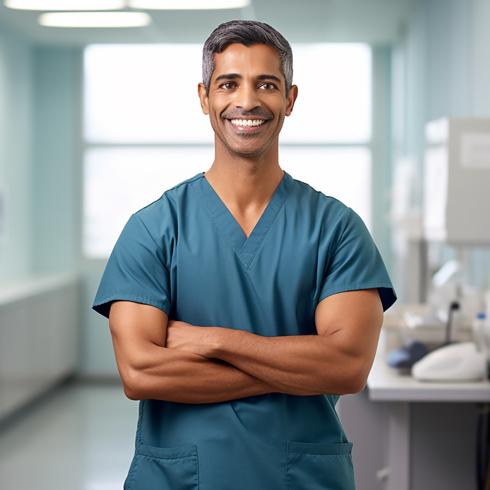 Friendly smiling handsome indian man occupational therapist at work on blured background