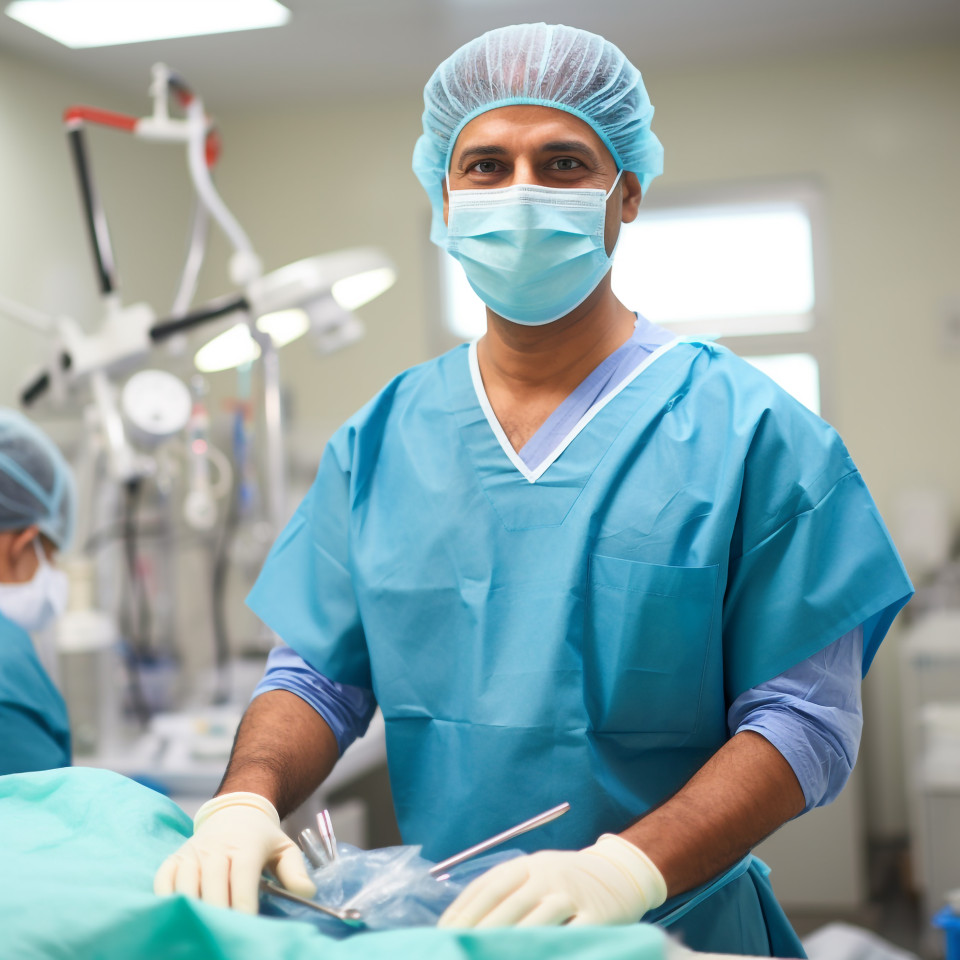 Friendly smiling handsome indian man surgeon at work on blured background