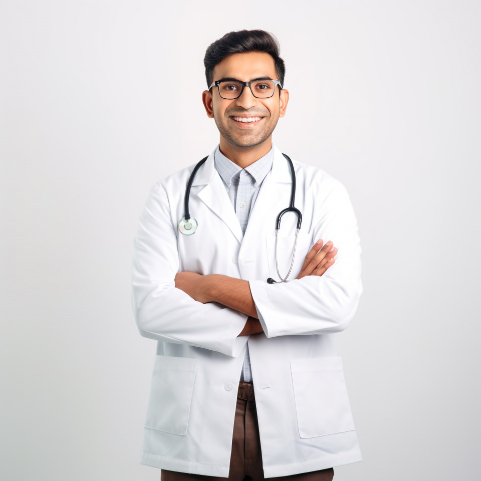 Friendly smiling handsome indian man biomedical engineer at work on white background