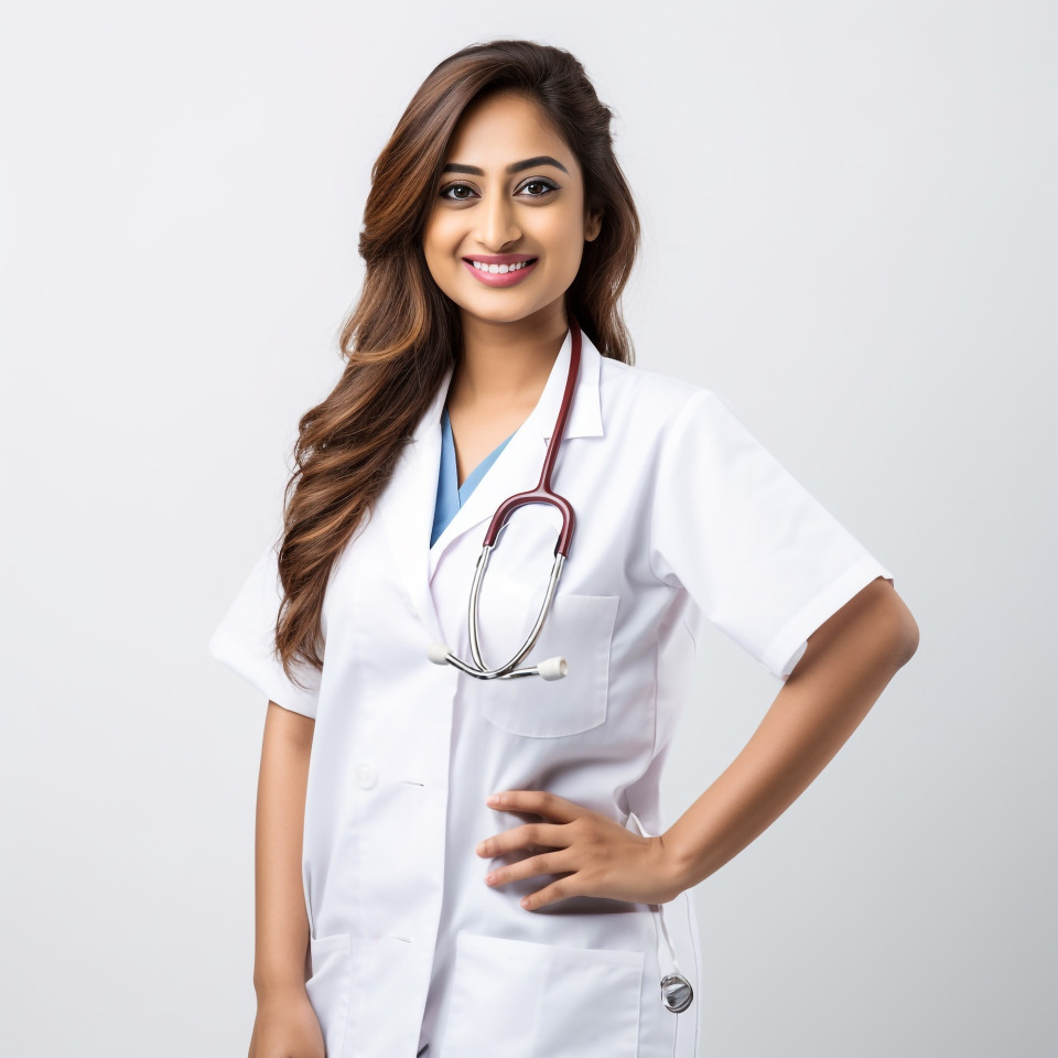 Friendly smiling beautiful indian woman home health aide at work on isolated white background