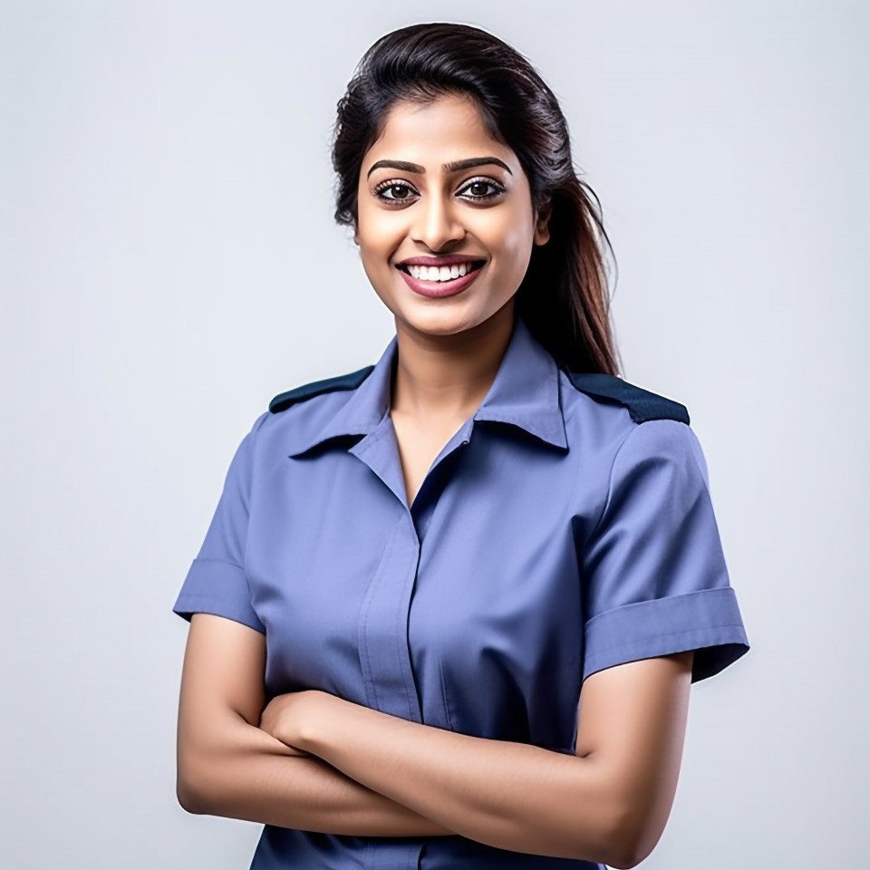 Friendly smiling beautiful indian woman hospital security personnel at work on isolated white background