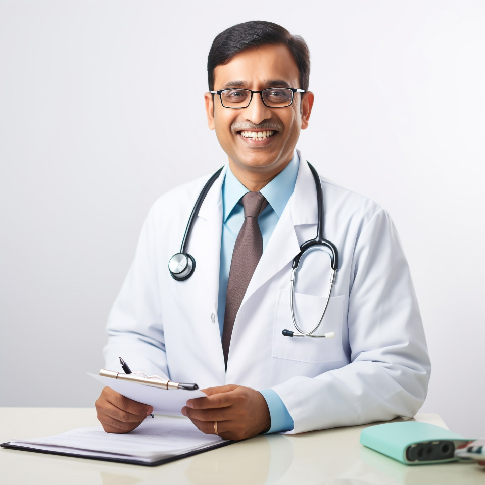 Friendly smiling handsome indian man hospital administrator at work on isolated white background