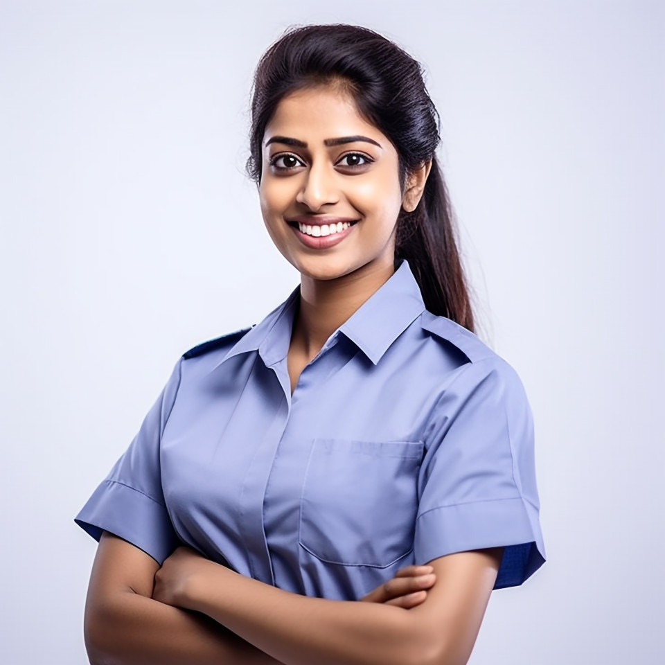 Friendly smiling beautiful indian woman hospital security personnel at work on isolated white background
