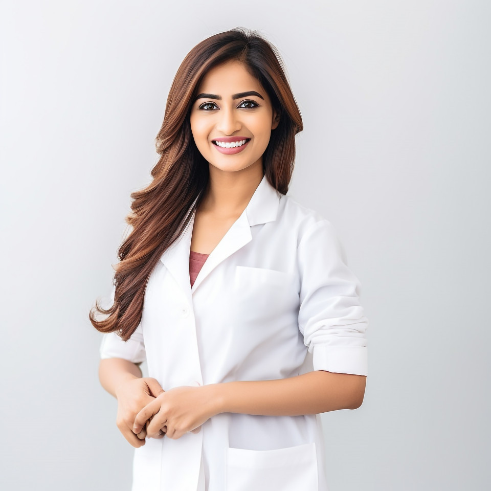 Friendly smiling beautiful indian woman health educator at work on isolated white background