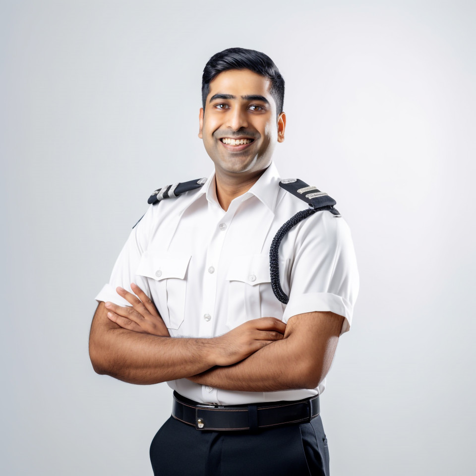 Smiling handsome indian man hospital security personnel at work on isolated white background