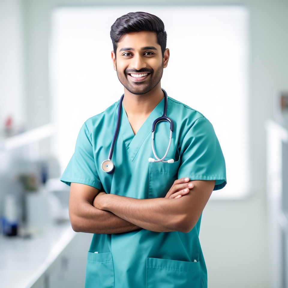 Friendly smiling handsome indian man nurse at work on white background