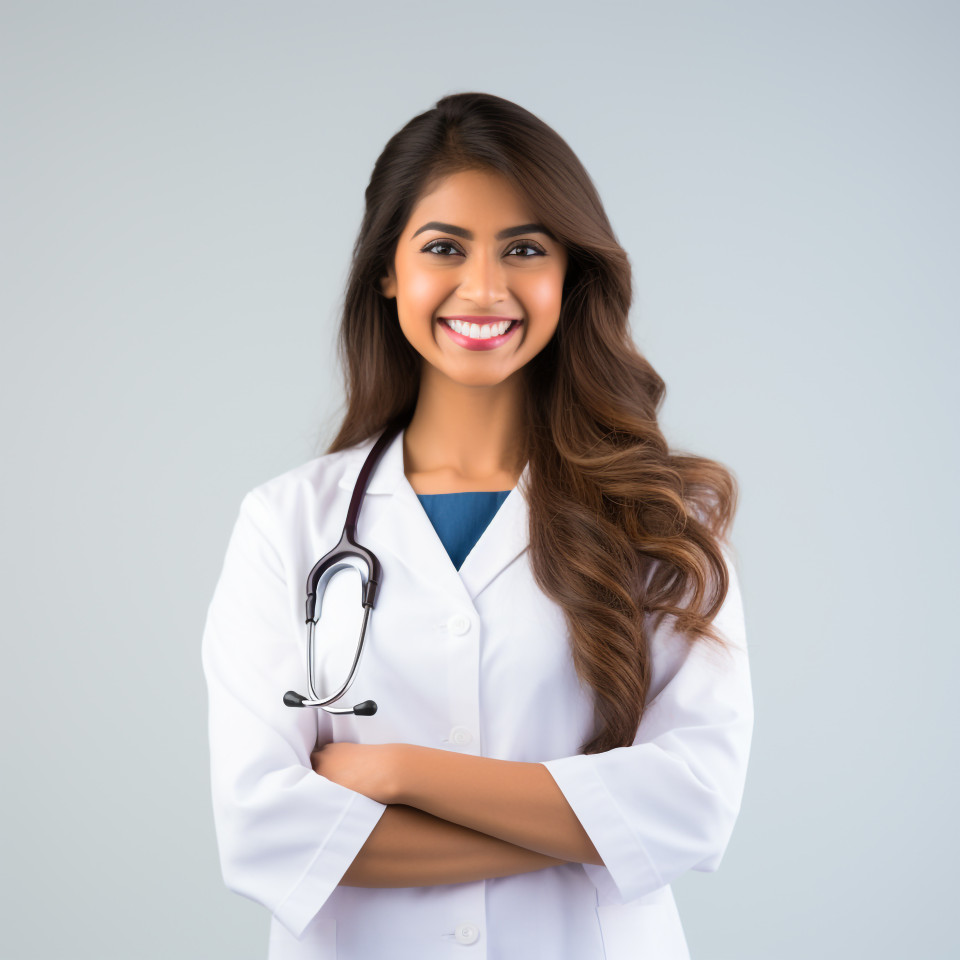 Friendly smiling beautiful indian woman physician at work on isolated white background