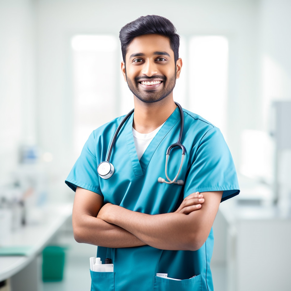 Friendly smiling handsome indian man nurse at work on white background