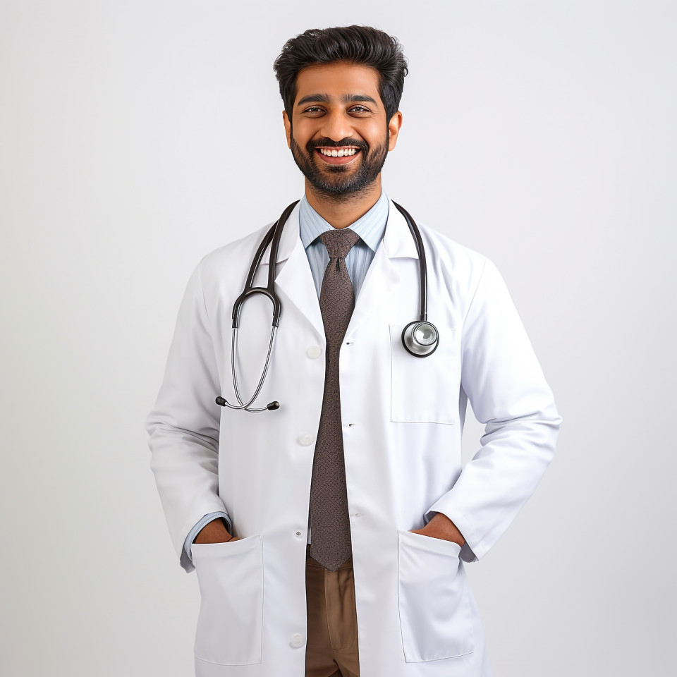 Friendly smiling handsome indian man health educator at work on isolated white background