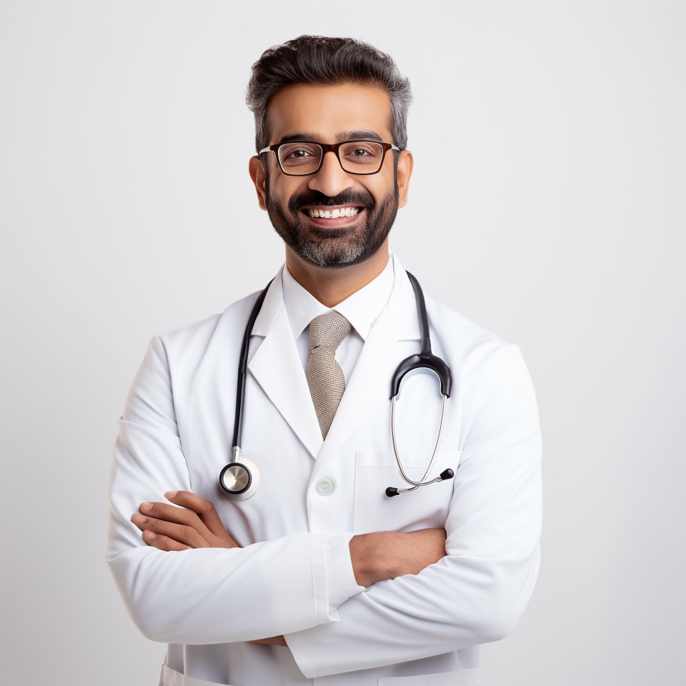 Friendly smiling handsome indian man health educator at work on isolated white background