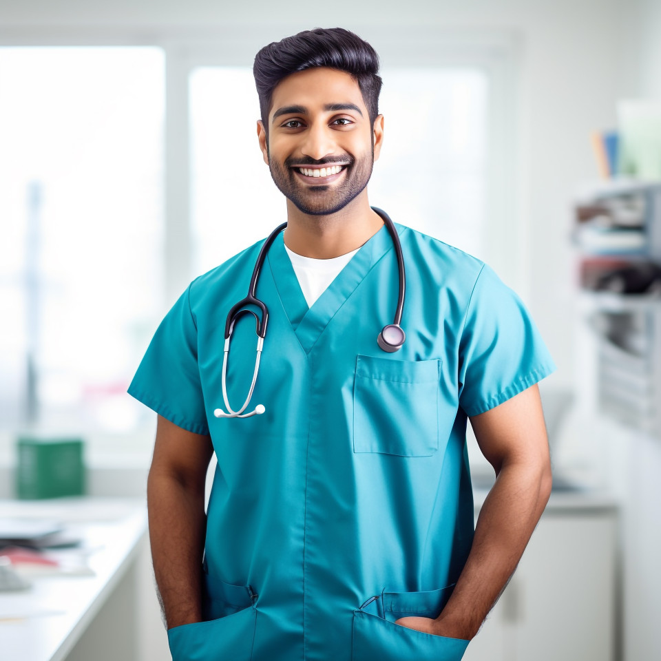 Friendly smiling handsome indian man nurse at work on white background