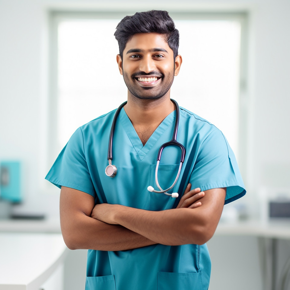 Friendly smiling handsome indian man nurse at work on white background
