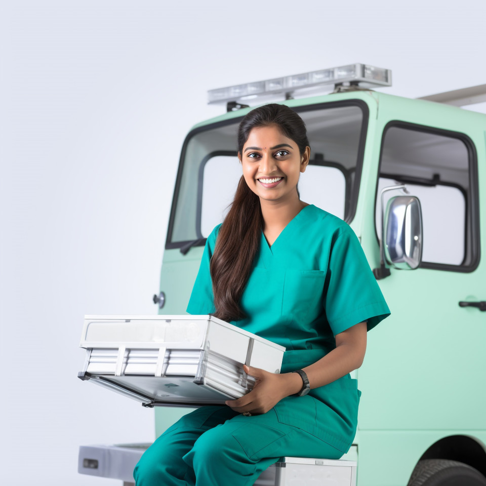 Friendly smiling beautiful indian woman paramedic at work on isolated white background