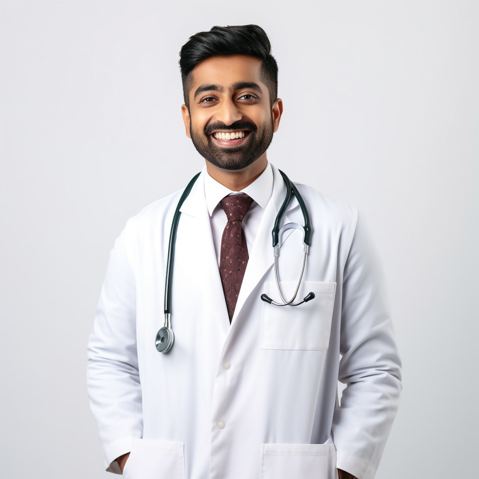 Friendly smiling handsome indian man healthcare marketing specialist at work on white background