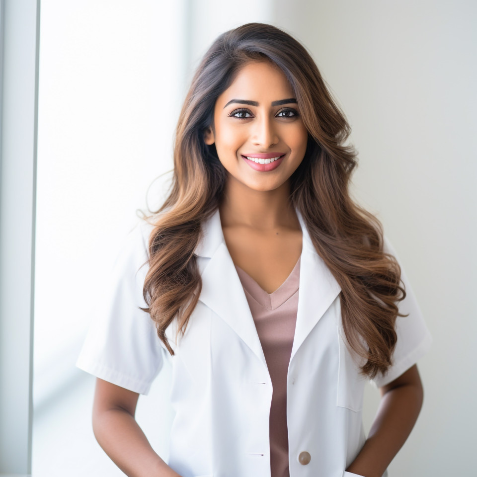Friendly smiling beautiful indian woman healthcare marketing specialist at work on white wall