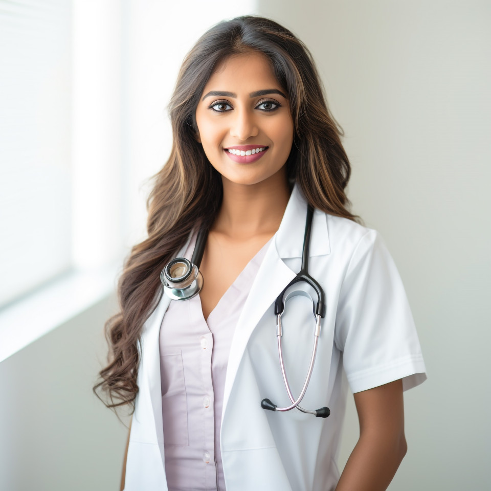 Friendly smiling beautiful indian woman healthcare marketing specialist at work on white wall