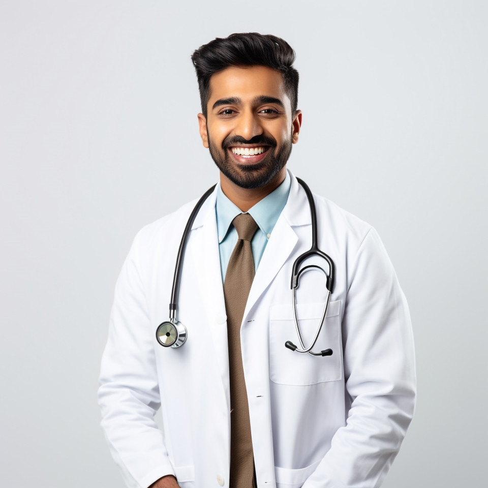 Friendly smiling handsome indian man healthcare marketing specialist at work on white background