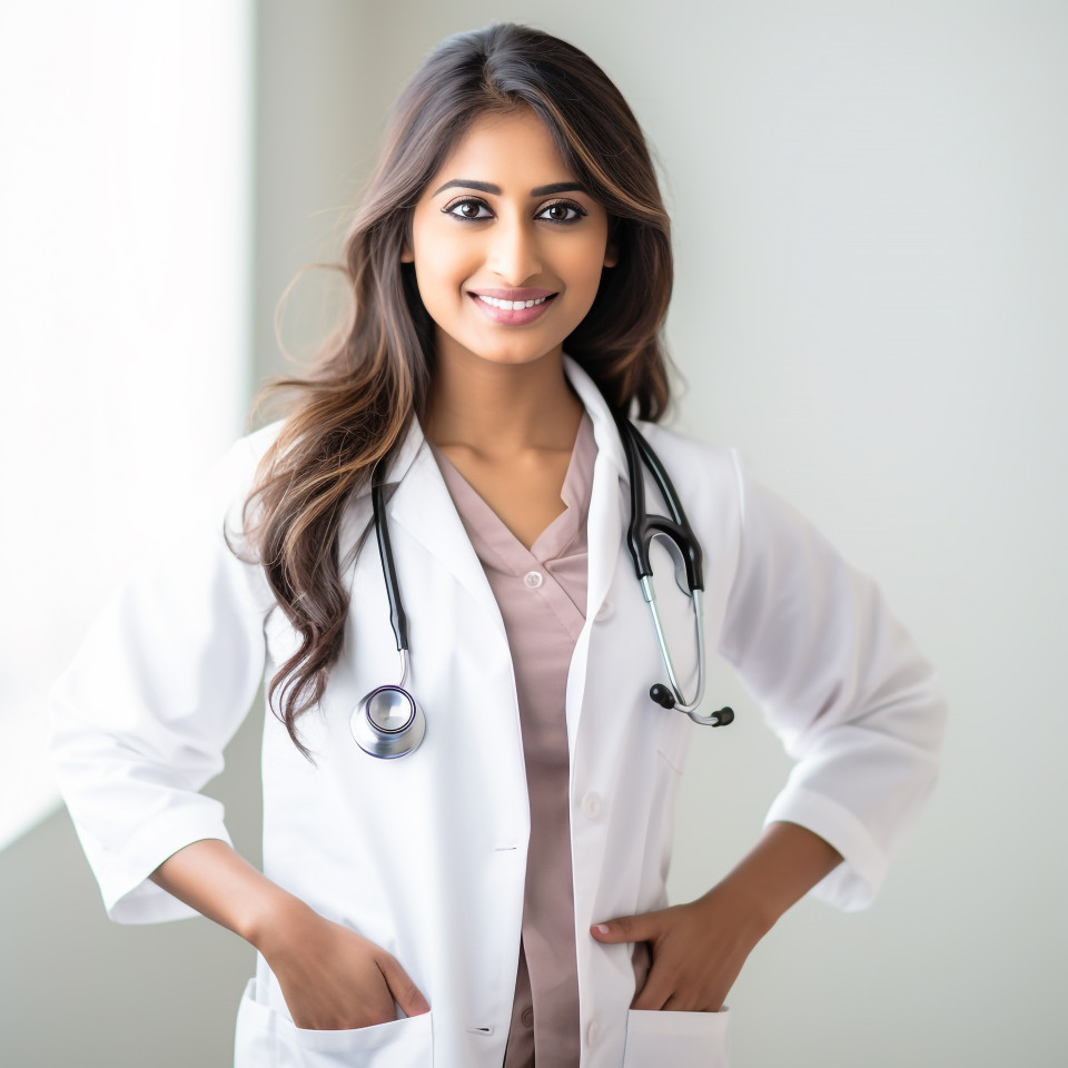 Friendly smiling beautiful indian woman healthcare marketing specialist at work on white wall