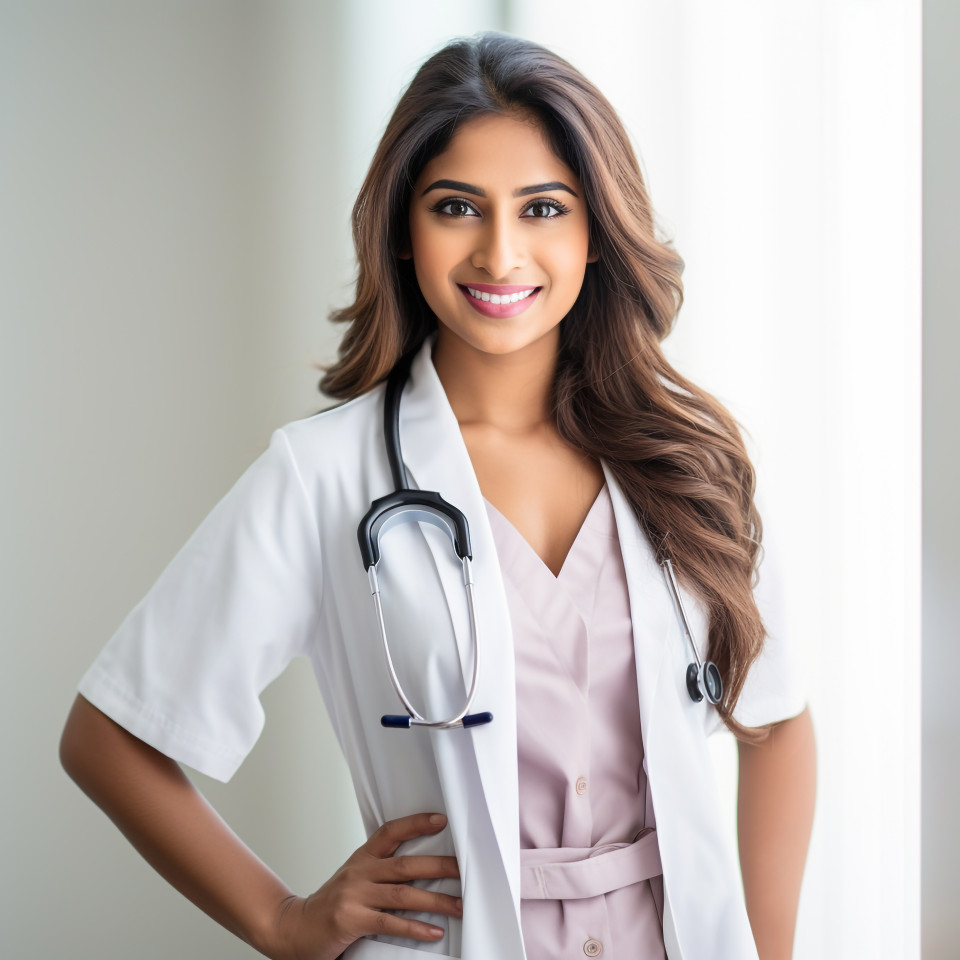 Friendly smiling beautiful indian woman healthcare marketing specialist at work on white wall