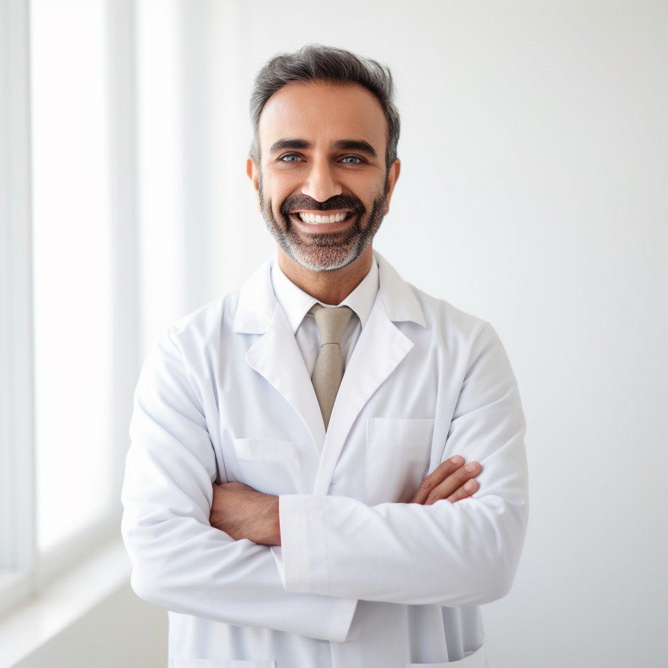 Friendly smiling handsome indian man clinical psychologist at work on white background