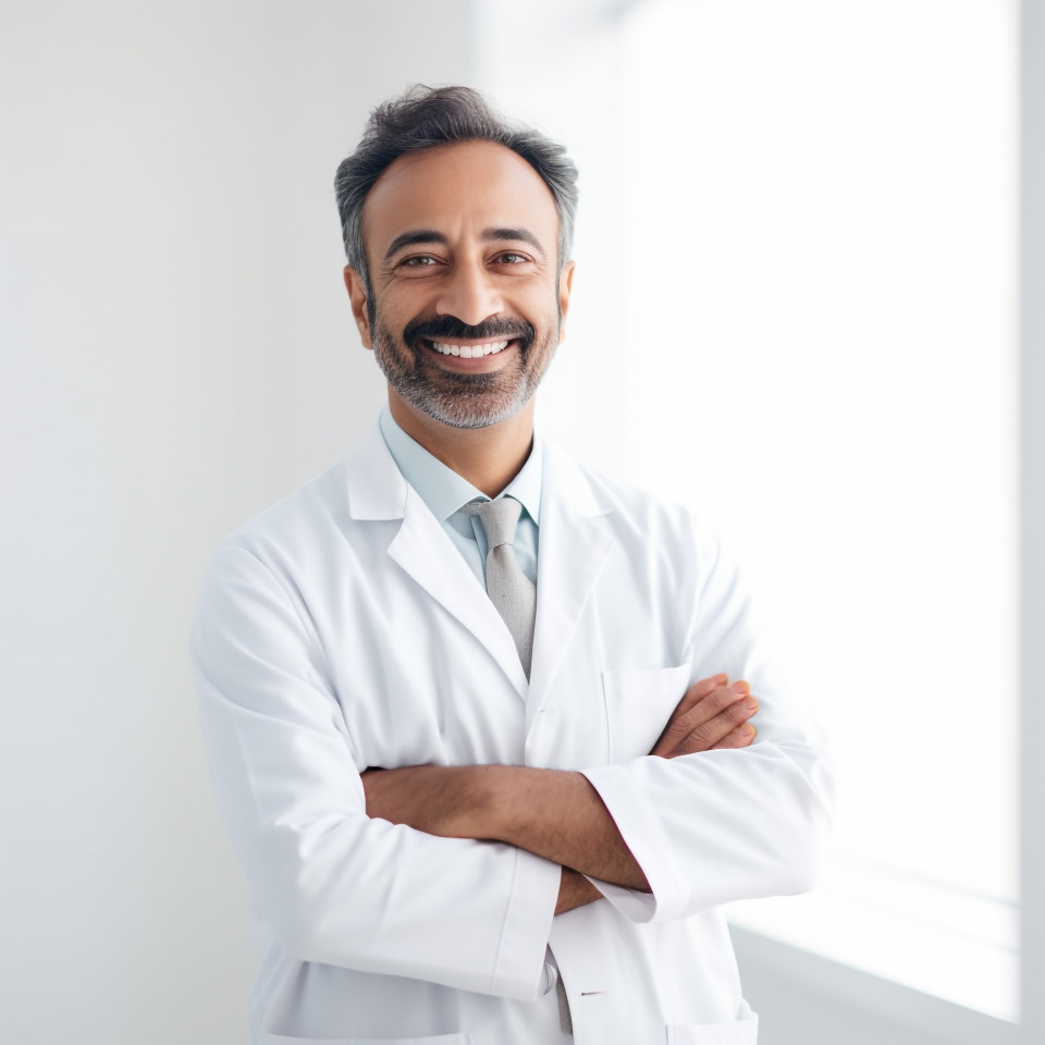 Friendly smiling handsome indian man clinical psychologist at work on white background