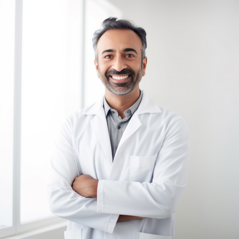 Friendly smiling handsome indian man clinical psychologist at work on white background