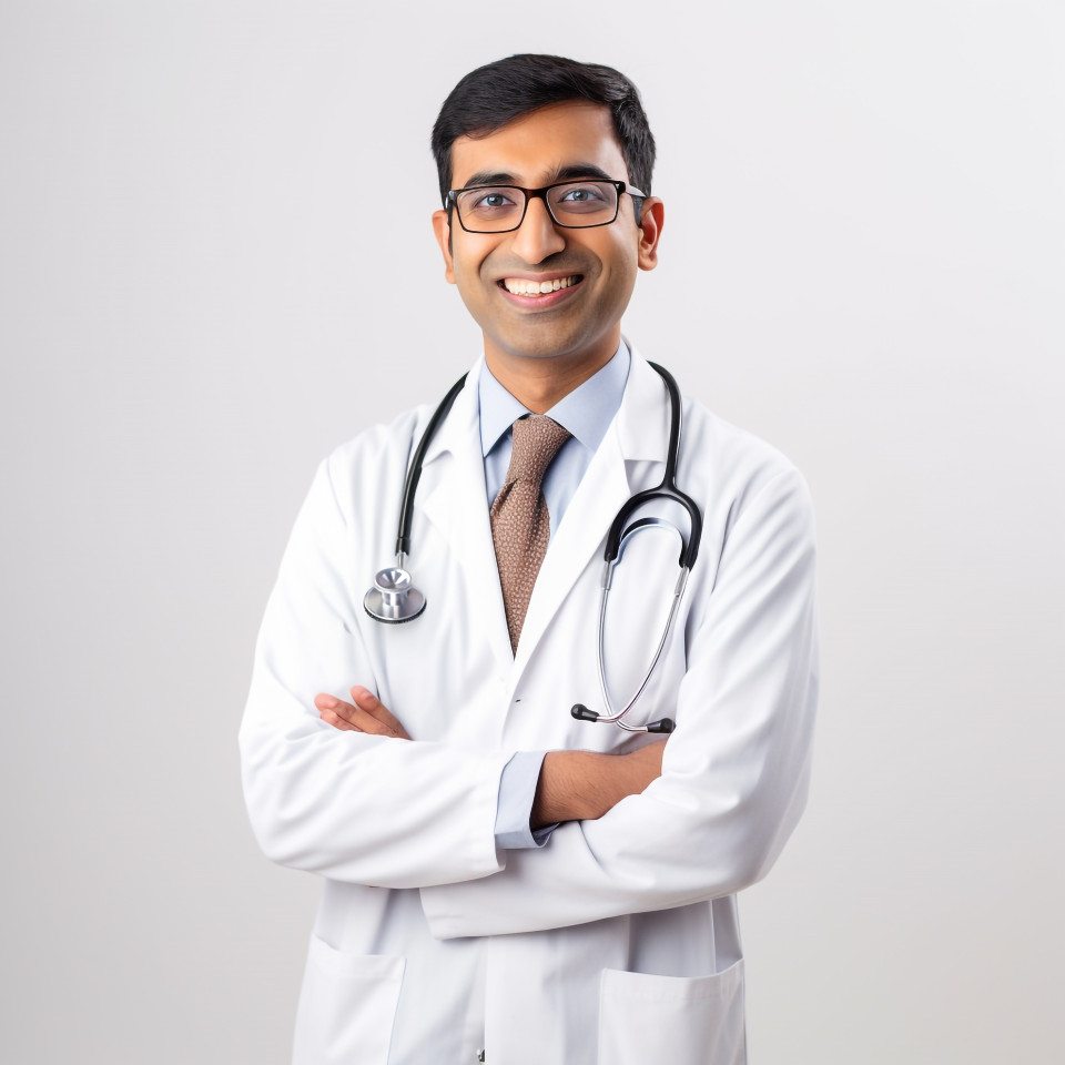 Friendly smiling handsome indian man physician at work on white background