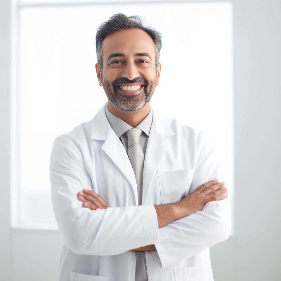Friendly smiling handsome indian man clinical psychologist at work on white background