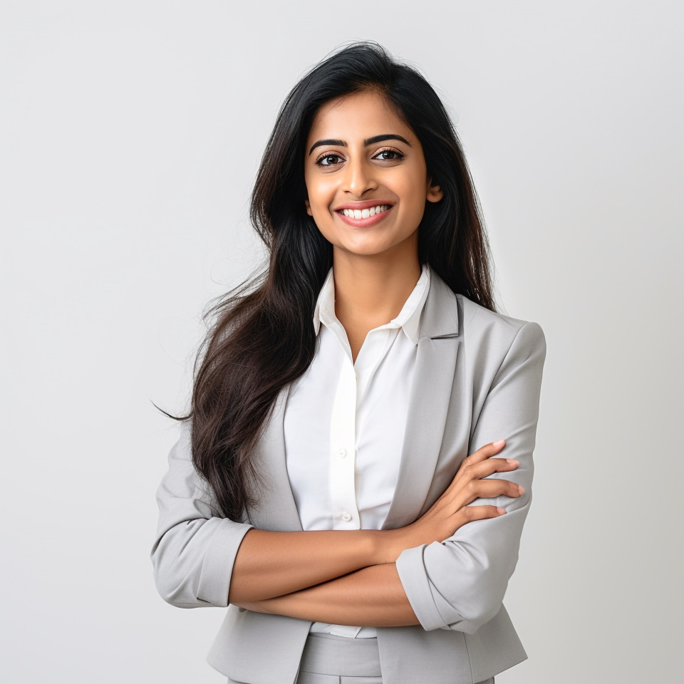 Friendly smiling beautiful indian woman legal and compliance officer at work on white background