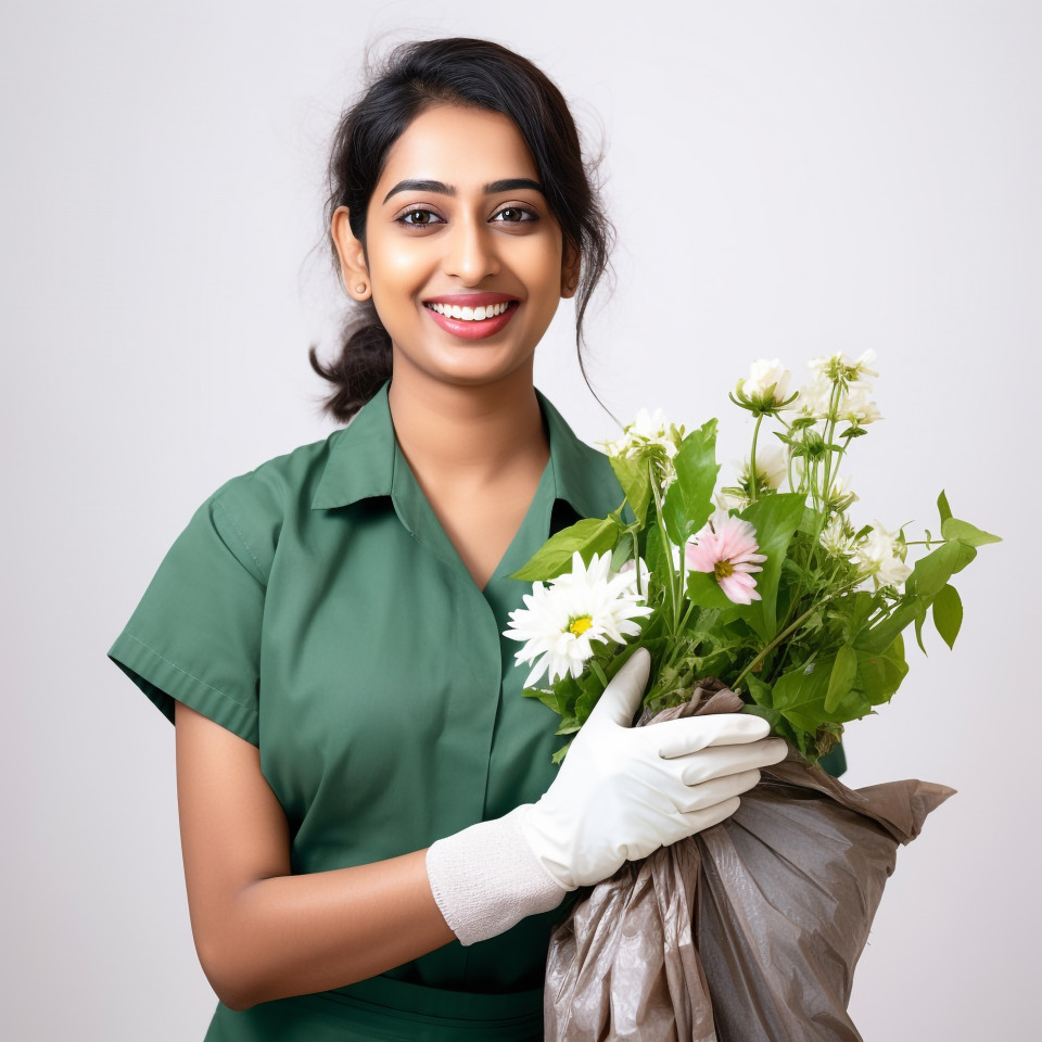 Friendly smiling beautiful indian woman environmental services staff at work on white background