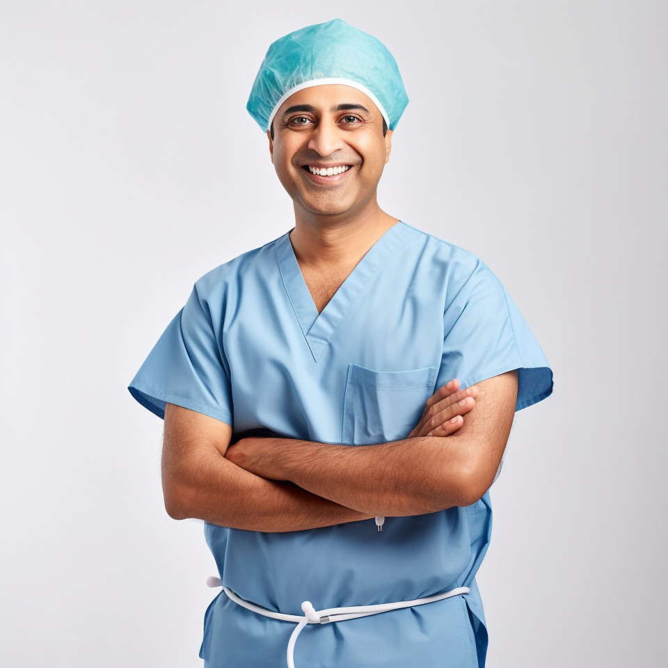 Friendly smiling handsome indian man surgeon at work on white background