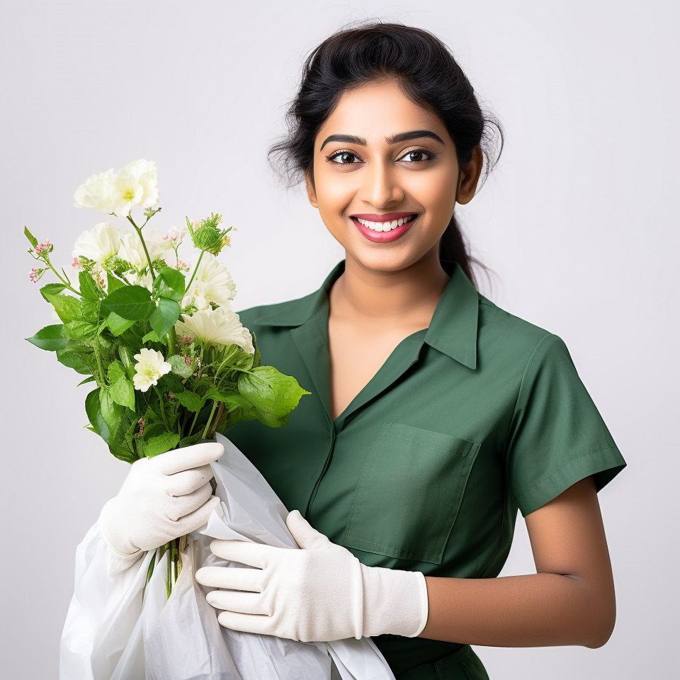 Friendly smiling beautiful indian woman environmental services staff at work on white background