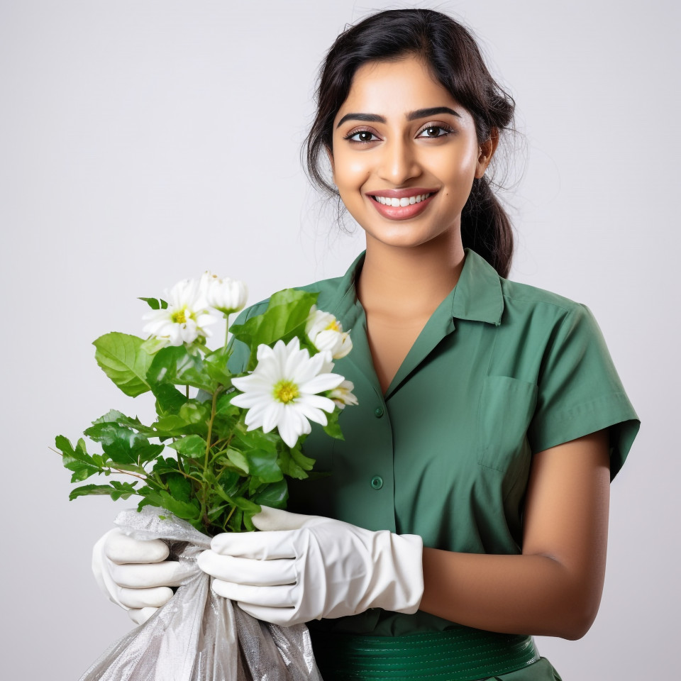 Friendly smiling beautiful indian woman environmental services staff at work on white background