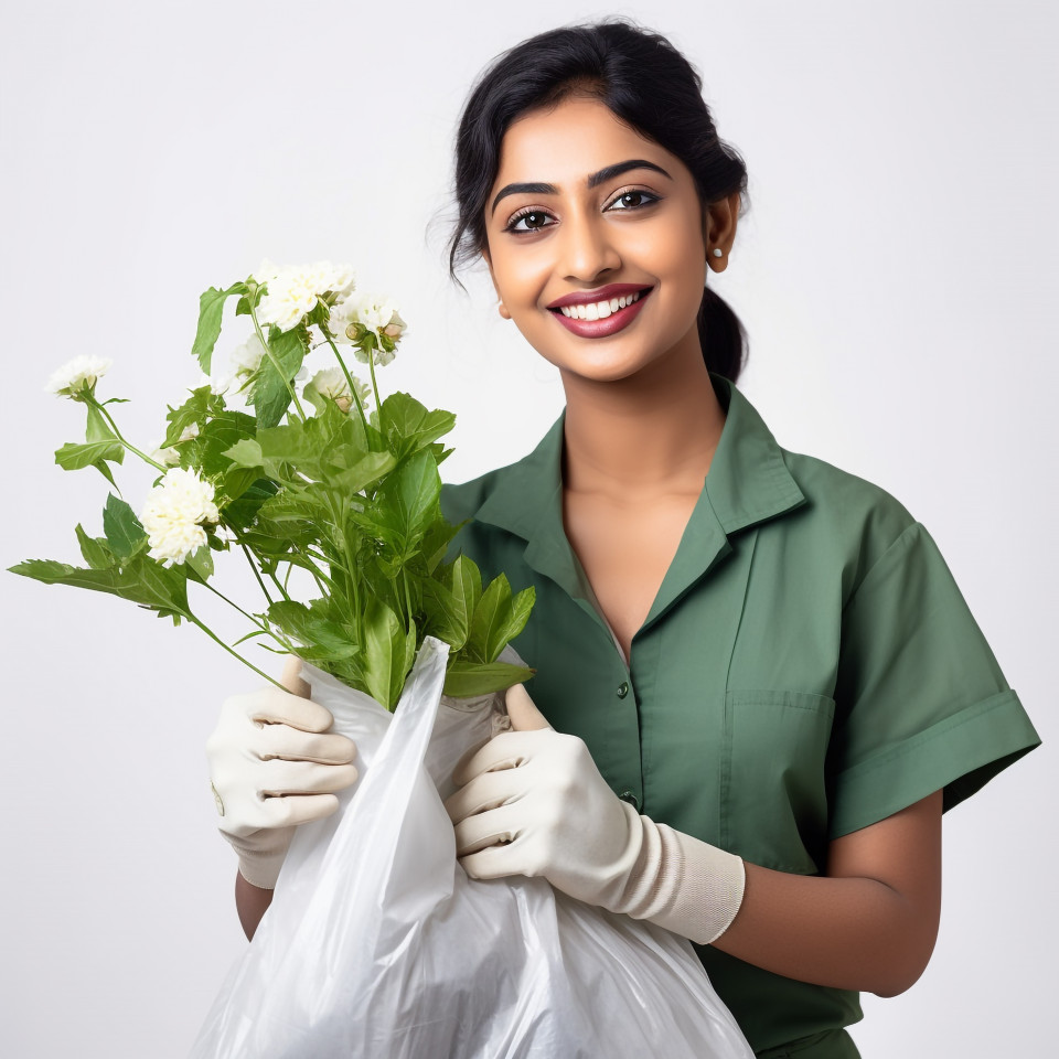 Friendly smiling beautiful indian woman environmental services staff at work on white background